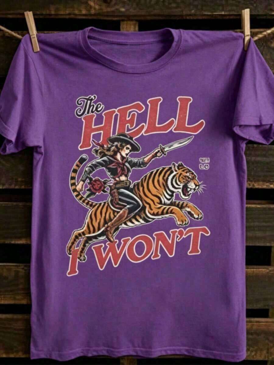 Ropa de Vacaciones para Mujer: Camiseta de Vaquera "The Hell I Won't" para Mujer – Camiseta de Cuello Redondo con Gráficos Retro de Motociclista y Tatuaje Western, Top Casual Estilo Wild Western. Esta es una camiseta de manga corta para mujer, suave, agradable al tacto, versátil y de puro algodón, adecuada para el uso diario, ocasiones informales y ropa deportiva. Es una camiseta de algodón puro para mujer, holgada, cómoda y deportiva, ideal para primavera/verano, perfecta como capa base. Holgada y cómoda, ideal para las vacaciones de verano de las mujeres. - Morado - Ver 1