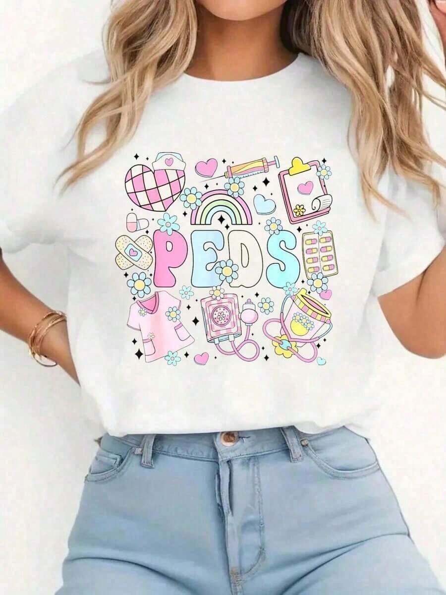 1 Piece Retro Pediatric Nurse T-Shirt, Nurse Print T-Shirt, Casual Round Neck Short Sleeve T-Shirt, Comfortable For Spring And Summer, Women's Clothing, 180g 100% Cotton - 白色 - 查看 1