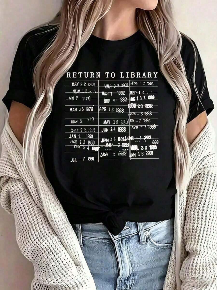 Camiseta 100% Algodón con Estampado de Fecha de Devolución de Tarjeta de Biblioteca, Estilo Vintage para Amantes de la Lectura, Cuello Redondo, Casual, Ropa de Mujer - Negro - Ver 1