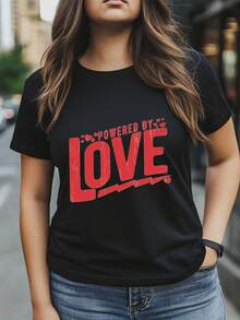 Plus Size - Plus Size - Plus Size Powered By Love Plus Size Wo'S Black Graphic T-Shirt Distressed Red Lettering And Heart Design Crew Neck Casual Top Machine Washable All Season Comfort, Suitable For Spring Summer And Autumn Daily And Holiday Vintage Street Style Unisex Loose Cotton Short Sleeve Crew Neck T-Shirt 100% Pure Cotton - 黑色 - 查看 6