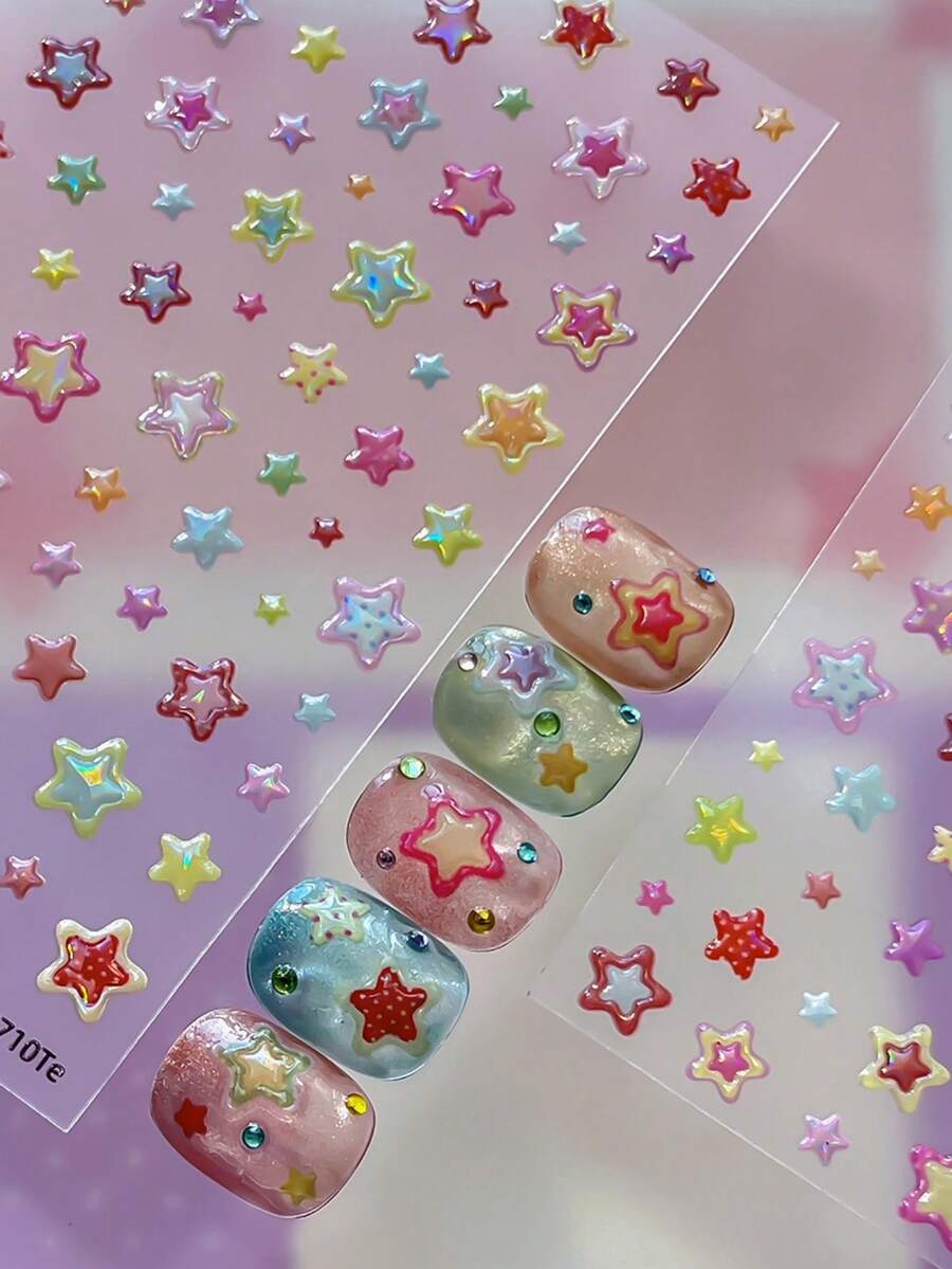 1pc Holographic Star Nail Stickers, 3D Jelly Gradient Star Pattern, Exquisite Self-Adhesive Nail Stickers - Multicolor - View 1