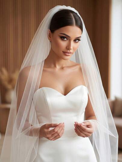 1pc 95cm (37.4 Inches) Minimalist Soft Tulle Bridal Veil With Metal Comb, Suitable For Bride Party, White/Ivory, Autumn Women's Wear