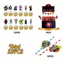 Roblox 23pcs Cartoon Theme Cake Decorative Flags, Multi-Color Fashion Print Design, Thick And Durable Material, Suitable For Birthday, Holiday Party Decoration, Wedding, Baby Shower, Gift Packaging - Roblo Boy Cake Flag Holder With Straw - View 8