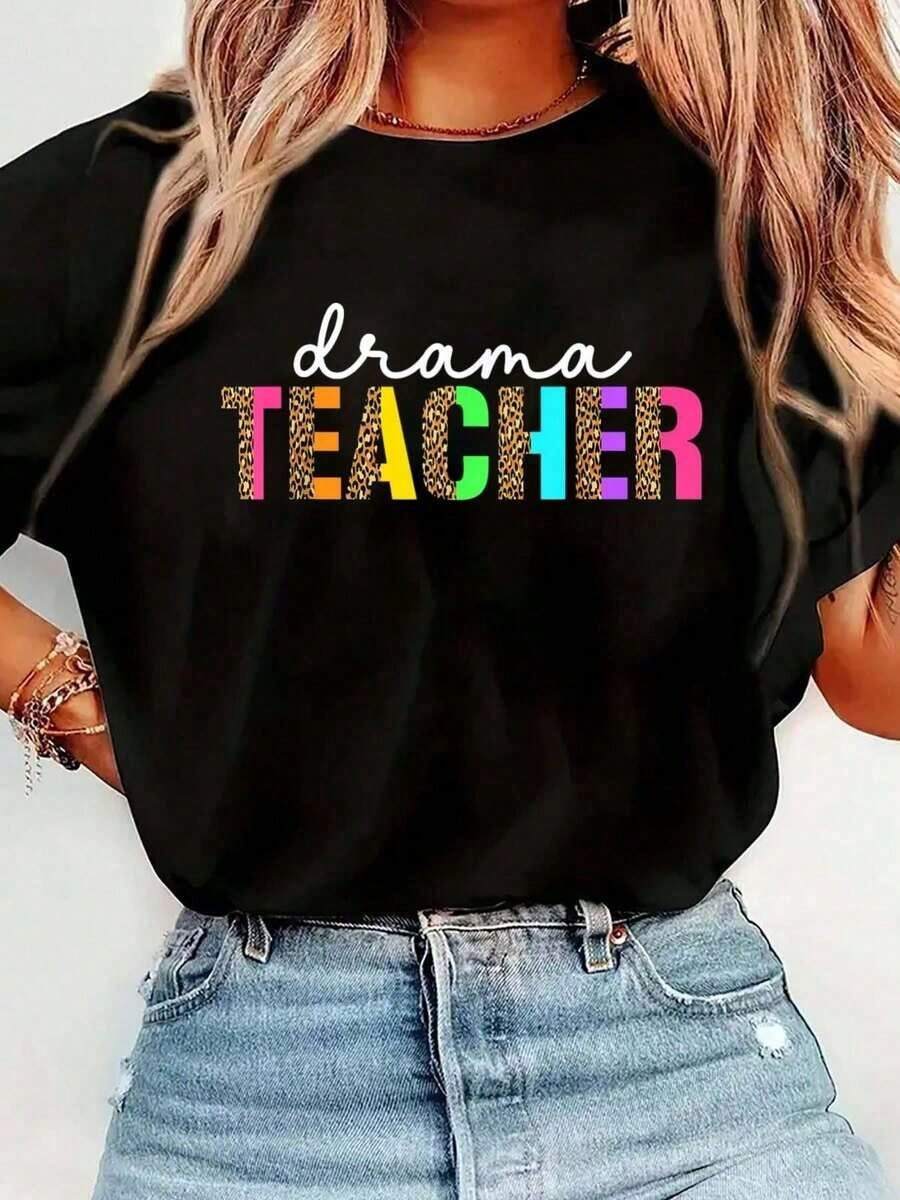 Women's Funny T-Shirt With Theater Teacher And Leopard Print, Casual Short Sleeve Crew Neck T-Shirt, Comfortable For Spring And Summer, Women's Clothing - 黑色 - 查看 1