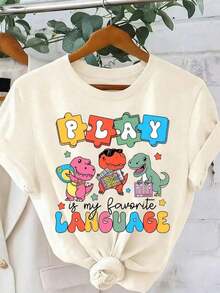 Camiseta Casual con Estampado de Dibujos Animados y Cuello Redondo, Playeras de Verano para Mujer - Albaricoque - Ver 1