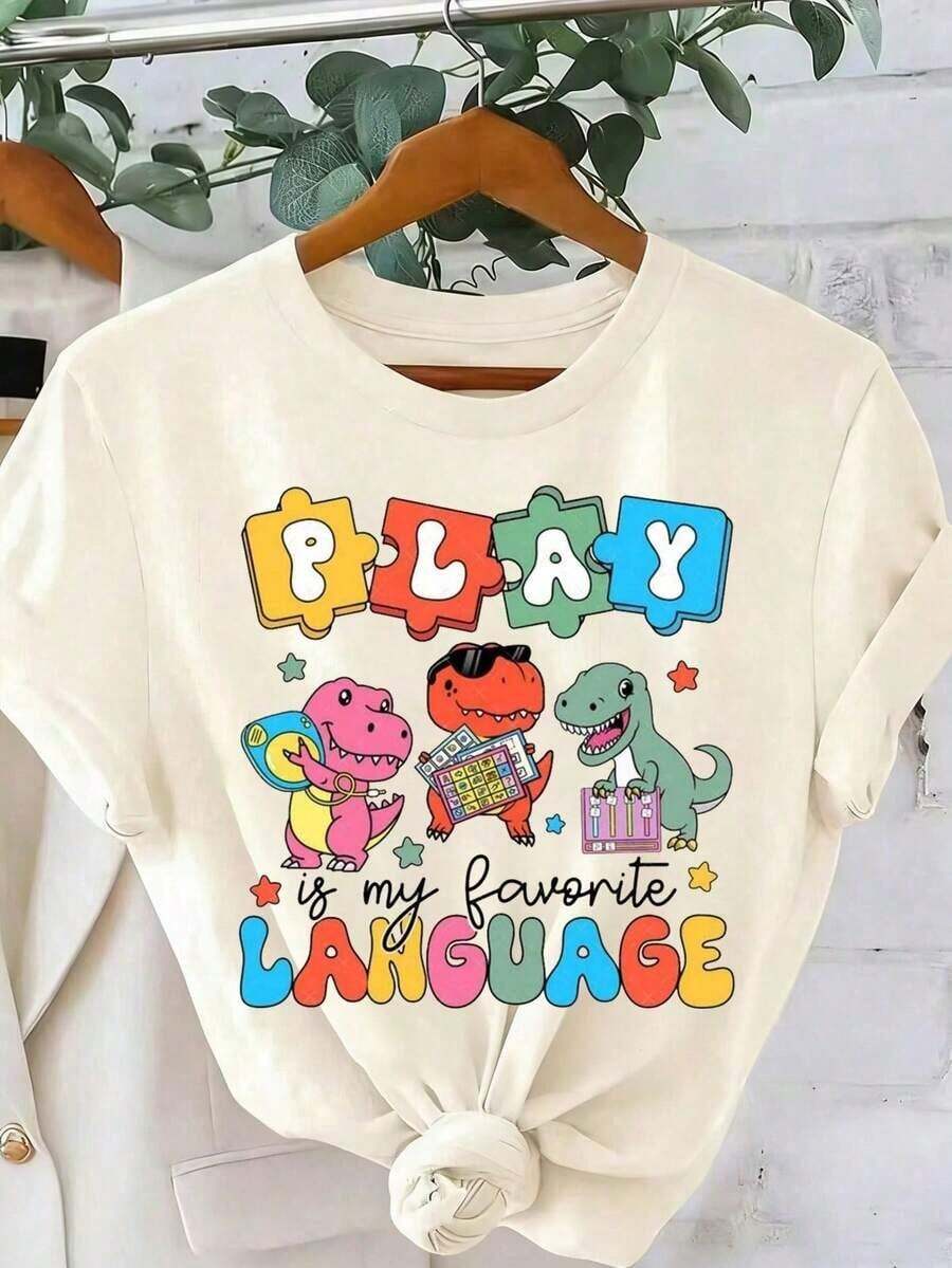 Camiseta Casual con Estampado de Dibujos Animados y Cuello Redondo, Playeras de Verano para Mujer - Albaricoque - Ver 1