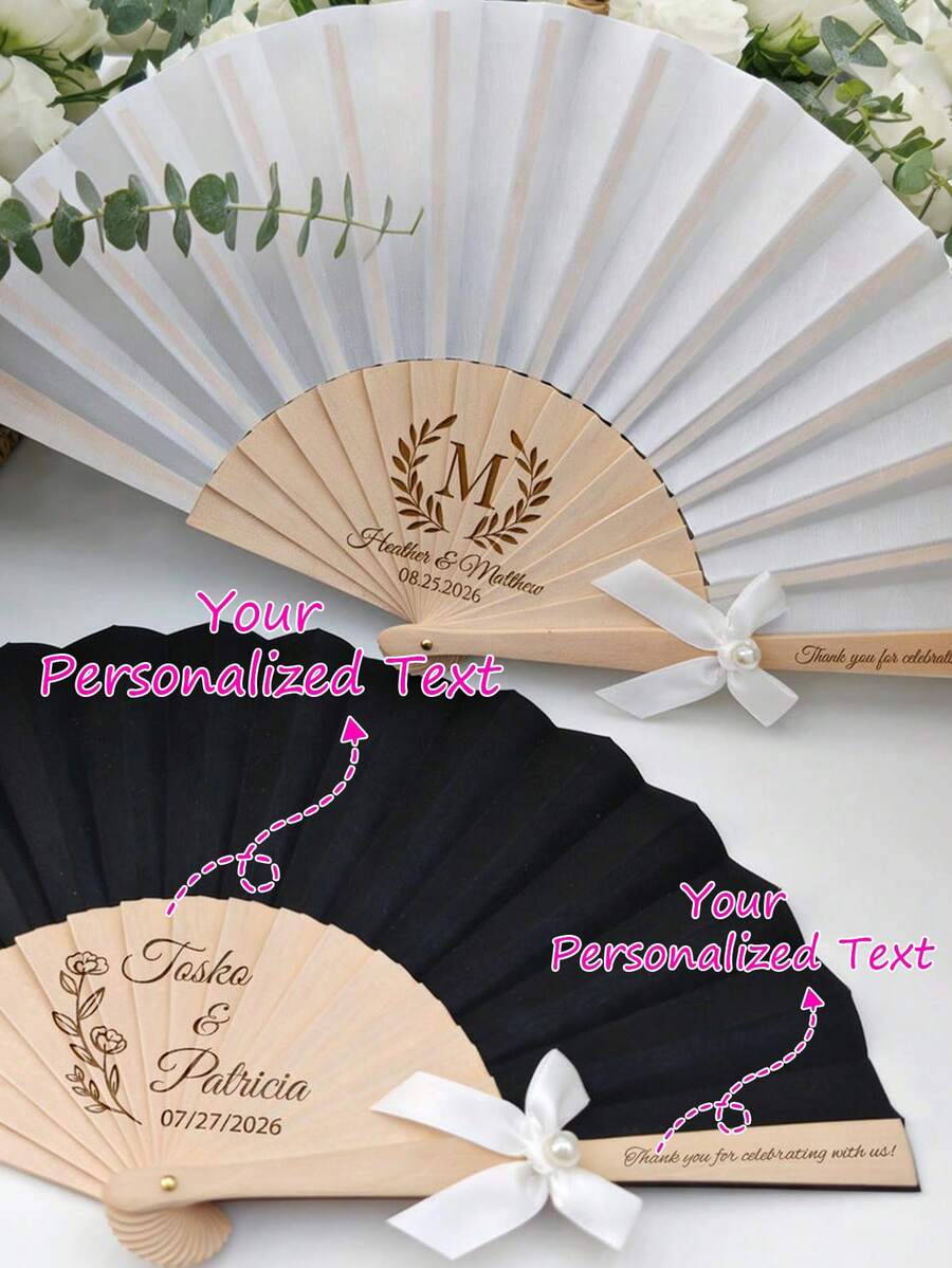 10-100pcs Customized Wedding Hand Fans, Customizable Engraved Folding Silk Fans, Suitable For Wedding Ceremony Guests, Wedding Party Favors - White - View 1
