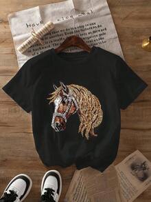 1 Piece Women's Crew Neck T-Shirt - Horse Design With Sparkling Details, Casual Top, Lightweight, For Summer/Spring, Machine Washable, Regular Fit, Blouse For Casual Wear (Comfortable) 180g 100% Cotton - 黑色 - 查看 11
