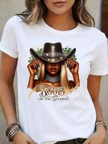 Women's Clothing Short Sleeve T-Shirt For Women With Girl Print Wearing Cowboy Hat And Boots On The Ground, Country Western Style, Casual Wear For Summer And Autumn, Everyday Outfits, Women's Shirts - 白色 - 查看 2