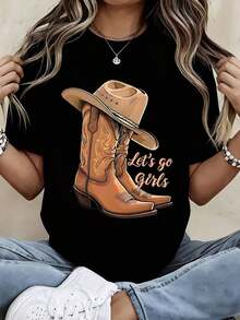 Women's Clothing Cowboy Boots And Cowboy Hat Print T-Shirt With The Phrase "Let's Go Girls" For Country Music Festivals And Western Parties - 黑色 - 查看 1