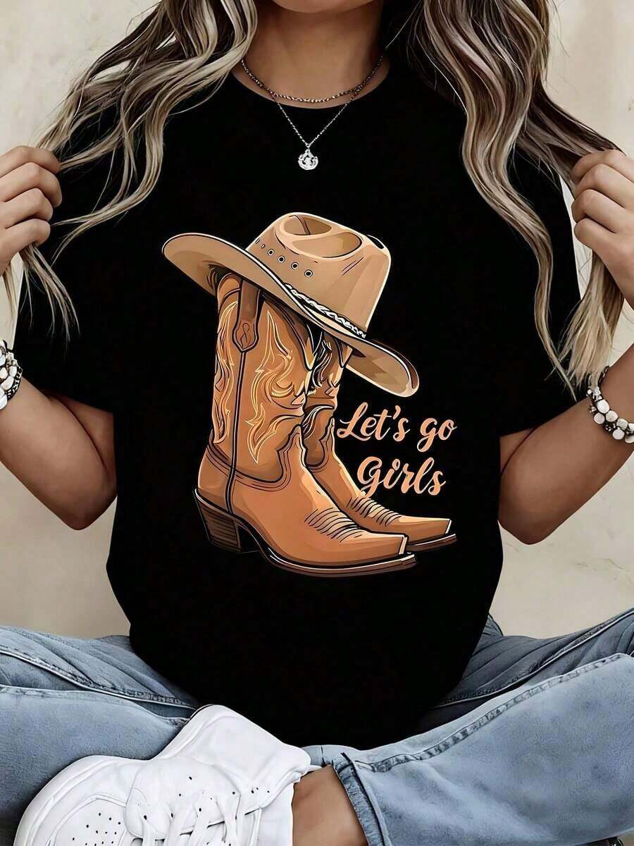 Women's Clothing Cowboy Boots And Cowboy Hat Print T-Shirt With The Phrase "Let's Go Girls" For Country Music Festivals And Western Parties - 黑色 - 查看 1
