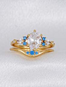 Bộ 2 nhẫn hở điều chỉnh được, đính đá Cubic Zirconia sang trọng, dành cho nữ, thích hợp đeo hàng ngày, hẹn hò, dự tiệc, đeo cùng nhiều nhẫn khác, quà tặng trang sức cô dâu. - Vàng - Xem 5