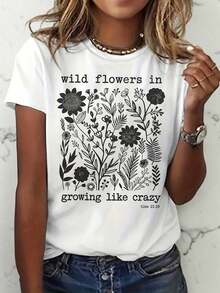 Casual T-Shirt For Mother's Day, Women's Wildflower Print T-Shirt 'Growing Like Crazy', Botanical T-Shirt, Vintage Floral Print, Short Sleeve Blouse For Women, 100% Cotton, Durable - 白色 - 查看 1
