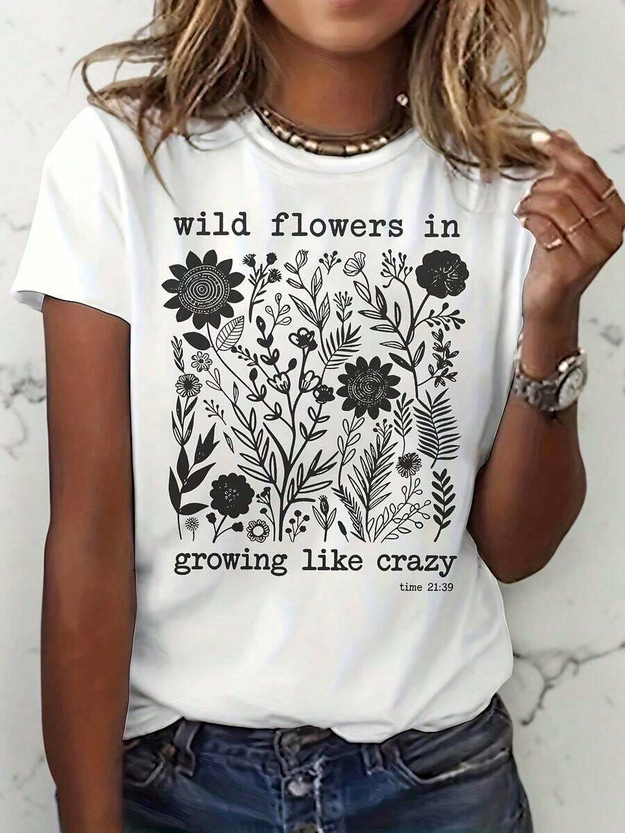 Casual T-Shirt For Mother's Day, Women's Wildflower Print T-Shirt 'Growing Like Crazy', Botanical T-Shirt, Vintage Floral Print, Short Sleeve Blouse For Women, 100% Cotton, Durable - 白色 - 查看 1