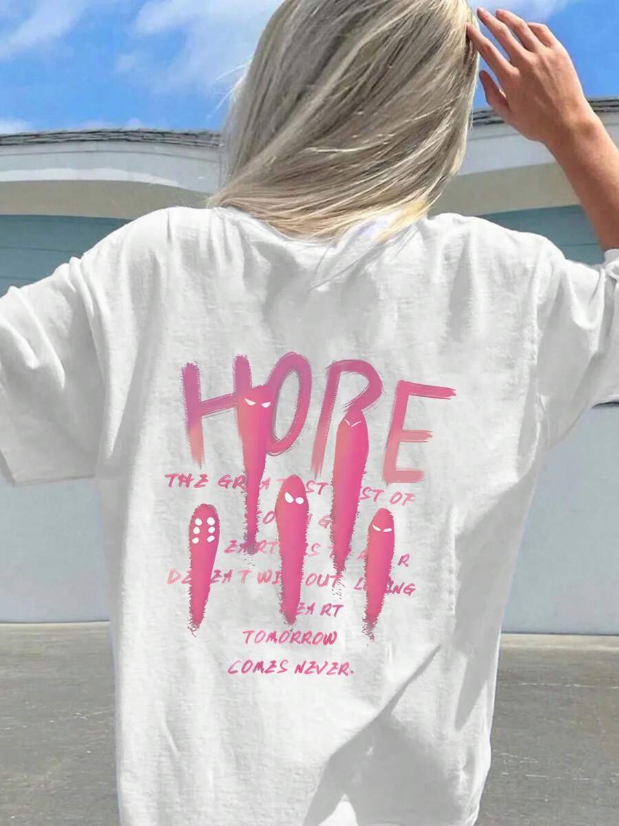 Women's Personalized Short Sleeve T-Shirt, Ghost Style HOPE, 100% Cotton, Loose Fit, White And Pink, Ghost Print With The Word HOPE, Breathable Casual Top, Suitable For Daily Wear And Personalized Outfits, Letter Print, Adult Women's Short Sleeve T-Shirt, Summer Beach, Made Of Breathable Fabric, Suitable For Back To School Season, Outdoor Wear, Ideal Gift, . - 白色 - 查看 1
