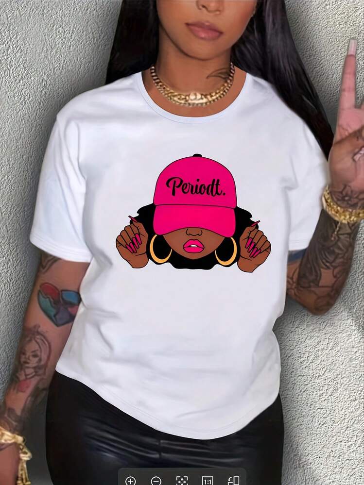 Camiseta casual deportiva de verano para mujer, con estampado de dibujos animados de niña, cuello redondo y manga corta. - Blanco - Añade 1