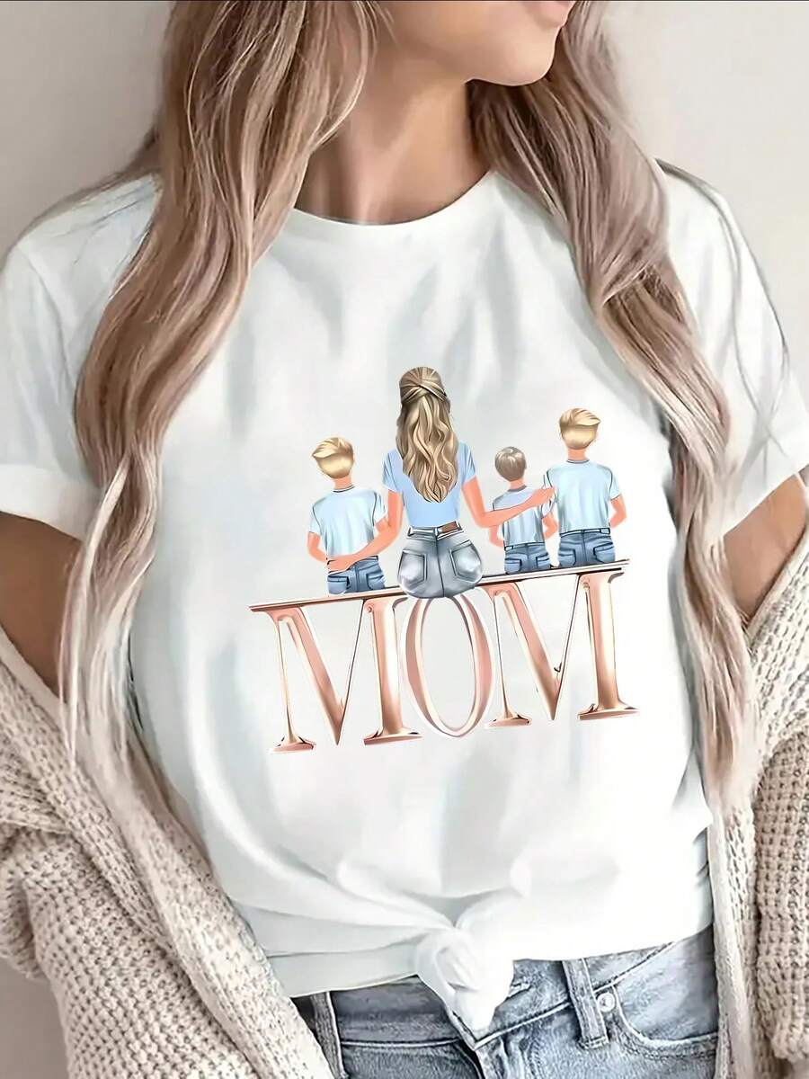 Lightweight And Durable Short-Sleeved T-Shirt For Mothers, Featuring A Family-Themed Graphic Design, Ideal For Casual Wear At Home Or During Outings, Offering A Comfortable Fit For Everyday Use. - 白色 - 查看 1
