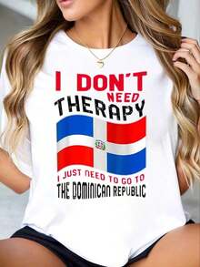 Mexican Women's Round Neck T-Shirt, Dominican Republic Flag Print, Short Sleeve, Casual, For Vacation And Travel, Summer Fashion Cotton T-Shirt - 白色 - 查看 6