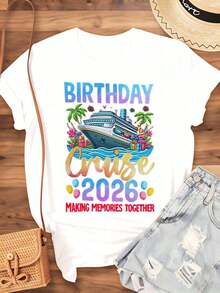 "Birthday Cruise 2026 Creating Memories Together" T-Shirt For Women And Men, Unisex, For Summer Vacation, Party, Gift, 220g - Urban Vintage Style, Unisex, Loose Cotton Short Sleeve T-Shirt With Round Neck, 100% Pure Cotton. - 白色 - 查看 4