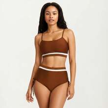 Women's Two Piece Bikini Set With Scoop Neck Top High Waist Bottom And Contrast Trim - Large, Coffee - 咖啡棕 - 查看 2