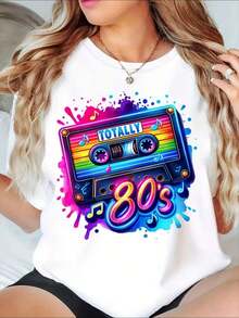Retro 80s Cassette Music Theme Graphic T-Shirt, Vintage Style, Ideal For Parties, Makes A Perfect Gift For Friends And Family On Any Holiday Or Special Occasion, Fashionable Summer Cotton T-Shirt - 白色 - 查看 11