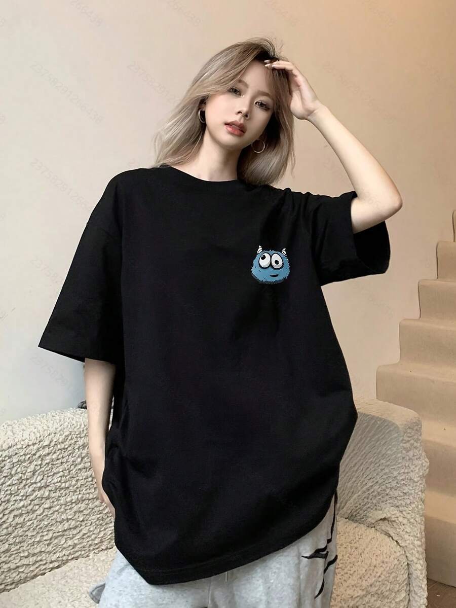 Women's Cotton T-Shirts With Round Neck, Casual Short Sleeve, Unique Design Print, New Summer Collection, Loose Fit, Slimming Top For Students, Simple T-Shirt For Everyday Wear. - 黑色 - 查看 1