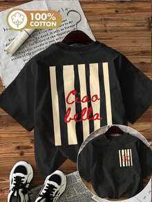 Women's Summer Top. Women's Spring/Summer Top, Simple Style, Striped, Ciao Bella Print, Round Neck, Pure Cotton, Short-Sleeved T-Shirt. Relaxing And Comfortable. - 黑色 - 查看 8