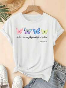 Soft Women's Short Sleeve T-Shirt, Round Neck, Bible Verse And Butterfly Print, Distressed Vintage Style, Casual Top, Soft Knit Fabric, High-Quality Women's Clothing, New Spring/Summer Collection. | Fun And Original Design | Suitable For Everyday Wear In Spring, Summer, And Autumn. | Fun And Youthful Top, Elegant Blouses For Ladies. - 白色 - 查看 7