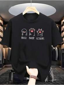 [Brilliant Extreme] Men's 100% Casual T-Shirt With Rock, Paper, Scissors Cat Print - Burgundy Crew Neck T-Shirt For Everyday And Weekend Wear, Soft And Comfortable Summer Fashion Tee - 黑色 - 查看 2