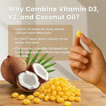 Miriyalyad Corefeel Vitamina D3 K2, 5000 mg de D3 y 100 mcg de K2, 300 cápsulas blandas, suplemento 2 en 1 de vitamina D y K con aceite de coco, favorece la absorción de calcio y la salud ósea, fácil de tragar. - 1 pieza - Ver 8