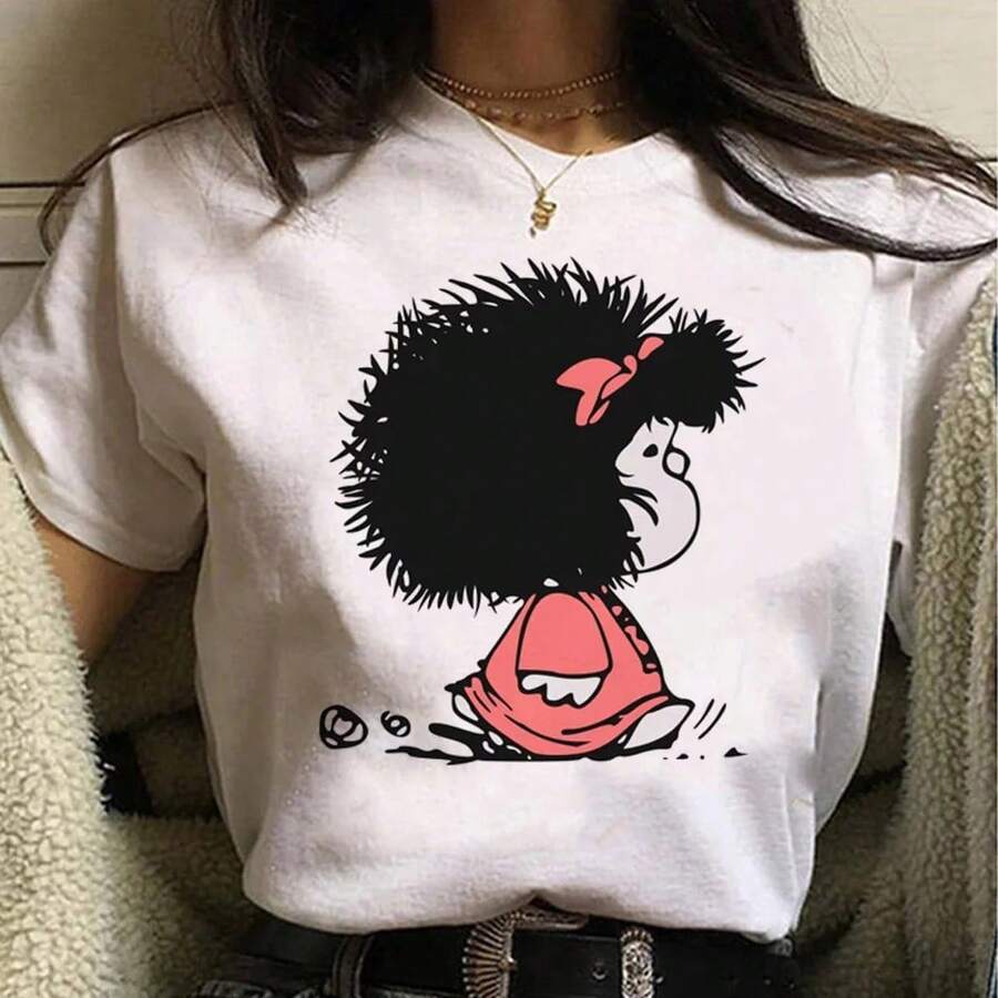 Mafalda T-Shirts For Women, Harajuku Style, Japanese Anime, 2000s Women's Top, Short Sleeve Clothing - Urban Vintage Style, Unisex, Loose Cotton, Round Neck. - 白色 - 查看 1