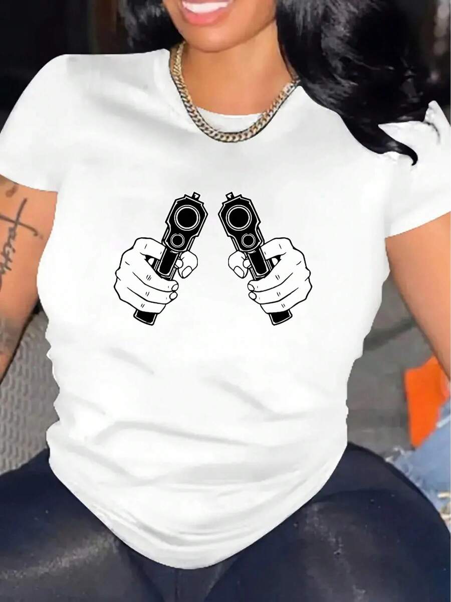 Women's Casual Graphic T-Shirt With Fun Toy Gun Hands Design, Soft And Stretchy, Crew Neck, Short Sleeve, For Summer Comfort - Vintage Urban Style, Unisex, Loose Fit, Cotton, Short Sleeve, Crew Neck - 白色 - 查看 1