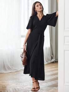 French Maxi Dress With V-Neck, Tie And Fitted Waist, Spring Summer 2026 - 黑色 - 查看 2