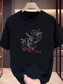 Men's Floral Print T-Shirt, Modern Style, Short Sleeve, Literary Style, For Daily Wear, Casual, For Couples - Vintage Street Style Unisex Cotton Short Sleeve Crew Neck T-Shirt - 黑色 - 查看 6