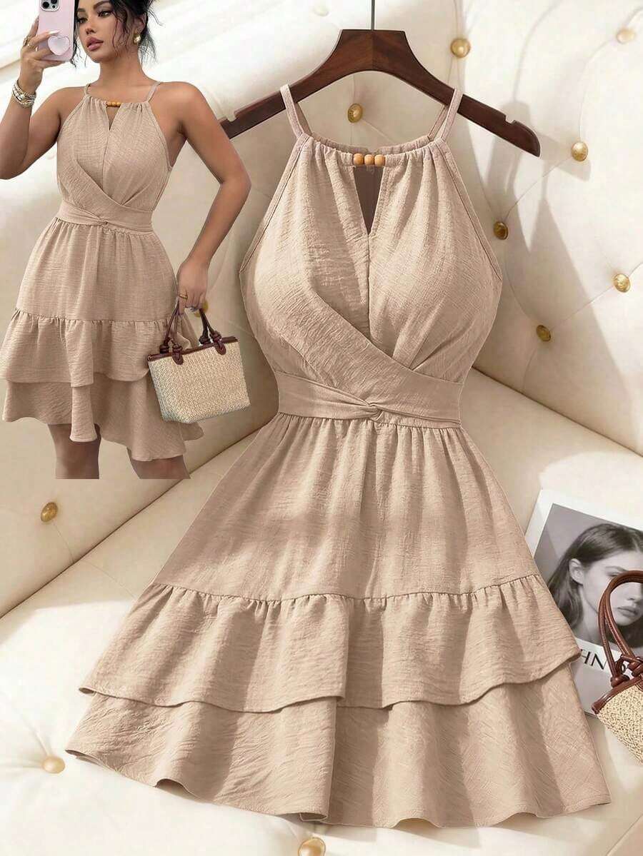 Vestido mini ajustado y acampanado sin mangas, elegante, de color caqui, con lazo de cuentas para mujer, para primavera/verano - Albaricoque - Ver 1
