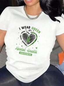 100% Cotton Short-Sleeve T-Shirt For Mental Health Awareness | Durable And Comfortable, Ideal For Home, Office, Or Outdoor Wear, Features A Green Heart Design, Perfect Gift For Mental Health Supporters. 100% Cotton. Simple Solid Color Women's T-Shirt, Loose And Fitted Cut, Casual Short-Sleeve. - 白色的 - 查看 6