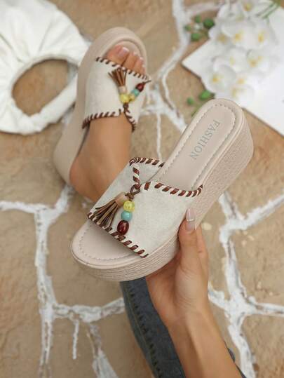 Bohemian Retro Beaded Tassel Women's Platform Sandals, Hand-Stitched Serrated Edge Design For Outdoor Vintage Outfit