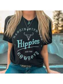 New 2026 Collection: Cotton T-Shirt With Hippie And Cowboy Print | Retro Western Style T-Shirt | Cowboy, 1 Thick Cotton T-Shirt (220g) - 黑色 - 查看 9