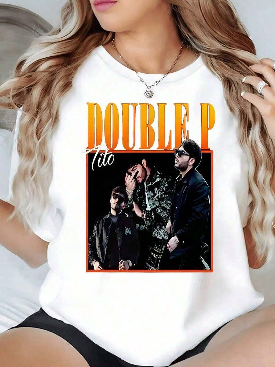 100% Cotton. Artistic Portrait Of Three People With A Dark Background And Striking Typography In Orange And White Tones. Women's 100% Cotton 220g T-Shirt. Women's Simple Solid Color T-Shirt, Loose And Slim Fit Casual Short Sleeve - 白色的 - 查看 1