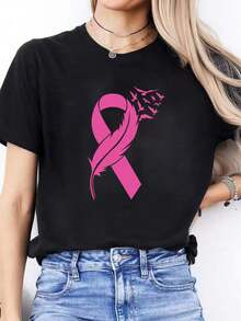 Breast Cancer Awareness T-Shirt With Pink Ribbon And Butterflies, Casual Knit Fabric For Spring/Summer, Medium Elasticity, Crew Neck, Polyester - Unisex Adult T-Shirt - 黑色 - 查看 7