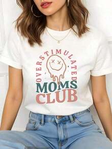 Women's Premium Casual Face T-Shirt, Overstimulated Moms Club, 100% Cotton, 1 Piece, Graphic Print T-Shirt, Basic Cotton Crew Neck T-Shirt For Women, Gift Idea - 白色 - 查看 7