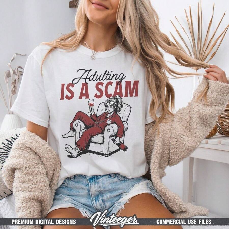 Diseño de camiseta humorístico - Ser adulto una estafa - Gráfico retro divertido para imprimir - Diseño sarcástico para sublimación - Archivo de impresión con humor para adultos - Blanco - Ver 1