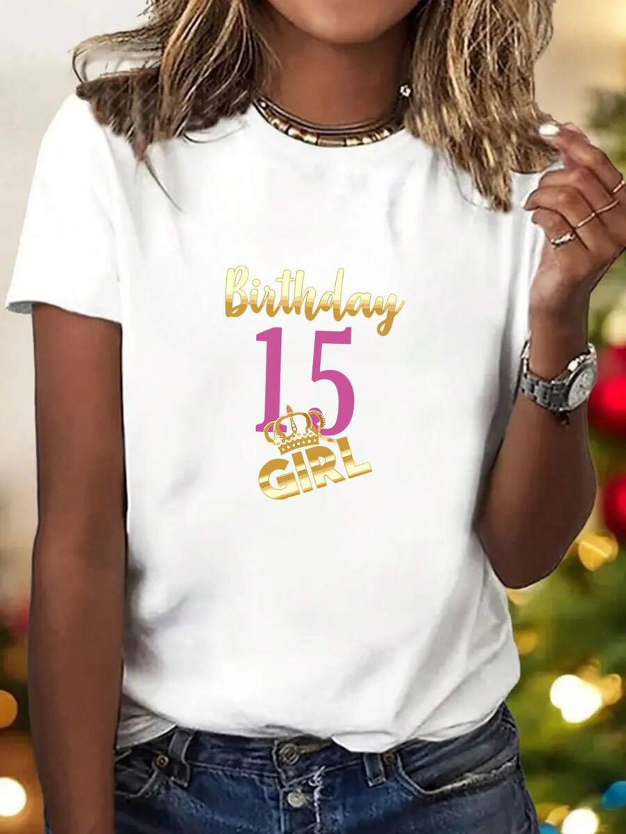 1 Piece Y2K Style Women's Short Sleeve Top With 15th Birthday Celebration Print, Birthday Gift. Elegant Party Outfit, T-Shirt For Elegant Ladies, Blouses Suitable For Curvy Women, Casual Wear, Cool And Sweat-Free Summer Clothing, Fun Letter Print. - 白色 - 查看 1