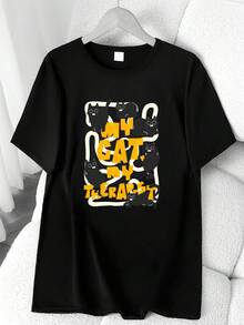 "My Cat Cat Element" Cat Print T-Shirt. Available In 6 Colors, Short Sleeves, Round Neck, High-Stretch Casual Sports Top. Machine Washable. Suitable For Spring And Summer. Can Be Worn In All Seasons. Women's Clothing. Elegant Party Outfit, Stylish Ladies' T-Shirt, Blouses Suitable For Curvy Women, Casual Wear, Cool And Breathable Summer Wear, Fun Letter Print. - 黑色 - 查看 1