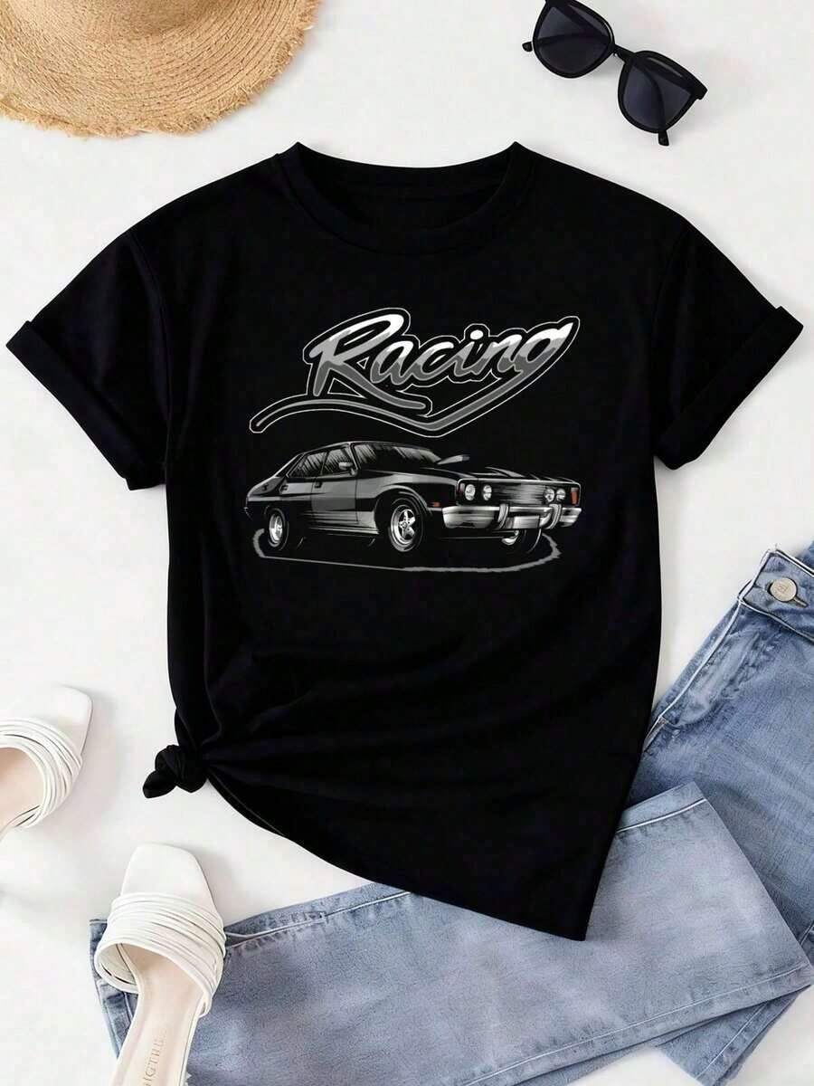 Women's 180GSM Racing T-Shirt - Vintage Racing Car And Garage Print, Soft Loose Fit Short Sleeve T-Shirt, Casual Style For Motorsports Events, Christmas Gifts For Female Drivers (Year-Round Wear) Women's Blouses > Clothing - 黑色 - 查看 1
