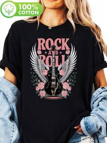 Women's Vintage Rock Print T-Shirt - Soft Black Crew Neck T-Shirt With Guitar, Wings, And Floral Print Design - Casual Concert Wear, Weekend Style, Breathable Short Sleeve Top, Music Festival Essential, Women's Blouses - 黑色 - 查看 7