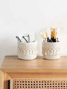 Tassel Desktop Storage Basket, Makeup Brush Storage Box, Round Woven Storage Basket, Suitable For Storing Makeup Brushes, Hair Clips And Hair Accessories, Suitable For Storing Earphones And Data Cables, Miscellaneous Storage Box, Remote Control Storage Basket, Suitable For Living Room, Bedroom And Garden, Suitable As A Gift For Friends, Wedding Souvenir, Birthday Gift - Multicolor - View 4