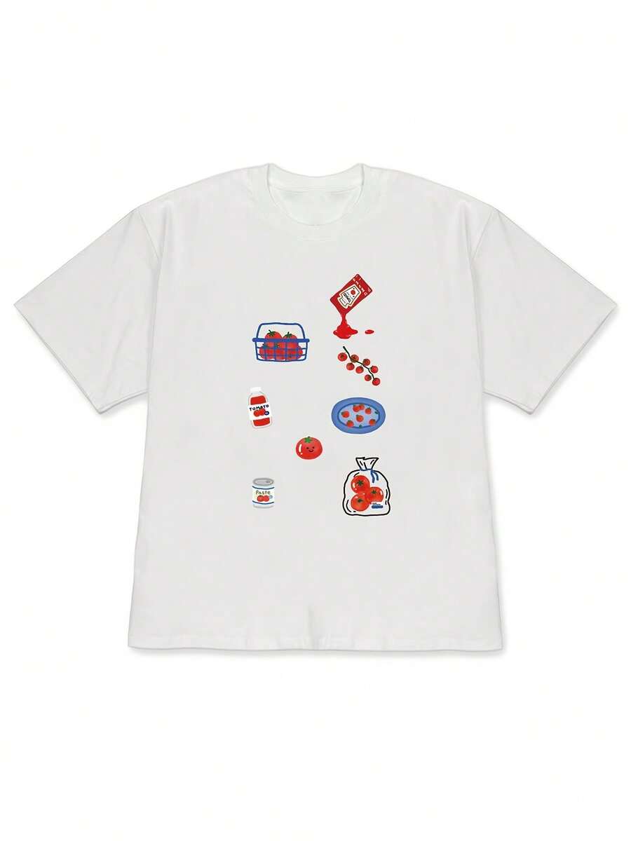 Women's Spring/Summer 2026 Loose Fit Short Sleeve T-Shirt With Drop Shoulders, Multi-Element Tomato Themed Illustration Print, Cool And Fun Style, Loose And Breathable, Ideal For Casual Daily Wear, High Quality For Summer. - 白色 - 查看 1