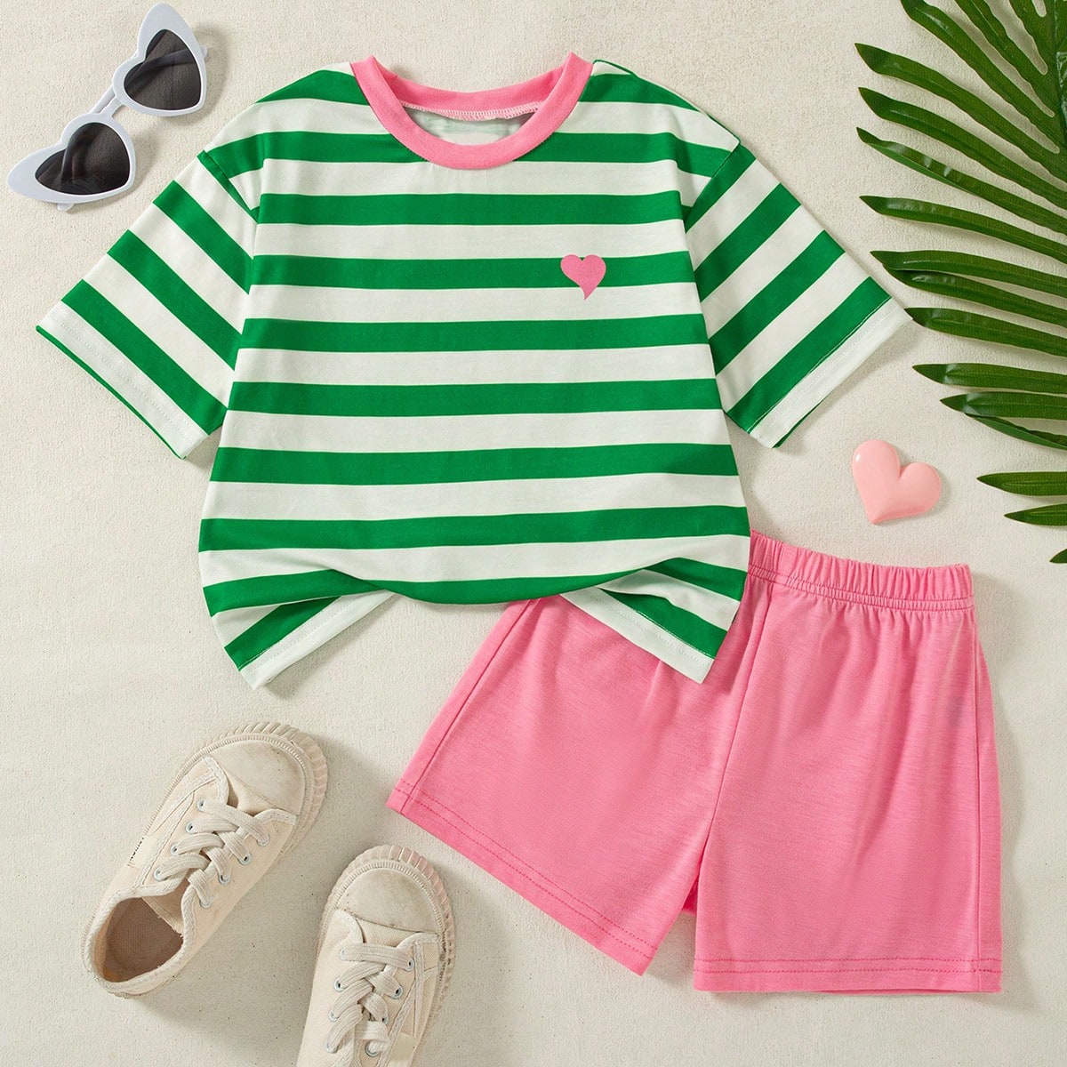 Set de 2 piezas de top de manga raglán con estampado de rayas y shorts de unicolor, estilo casual para niñas, primavera/verano
