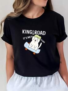 Camiseta de Mujer con Estampado de Gato Road-Brag - Un divertido regalo de verano para amigos y familiares, estampado de skateboard a la moda, camiseta cómoda de 180G, perfecta para uso casual, actividades de team building y fiestas de verano. | Diseño exquisito |   Suelto y cómodo |   Fácil de combinar | - Negro - Ver 7
